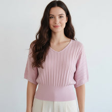 Load image into Gallery viewer, V-Neck Ribbed Short Sleeve Knit Top
